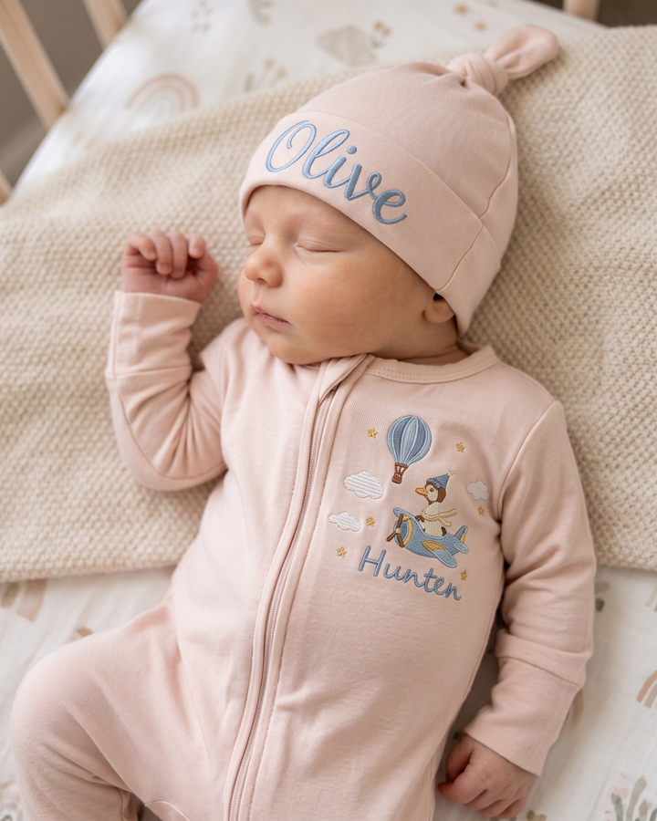 Custom Name Little Aviator Adventure Embroidered Bamboo Zipper Footie