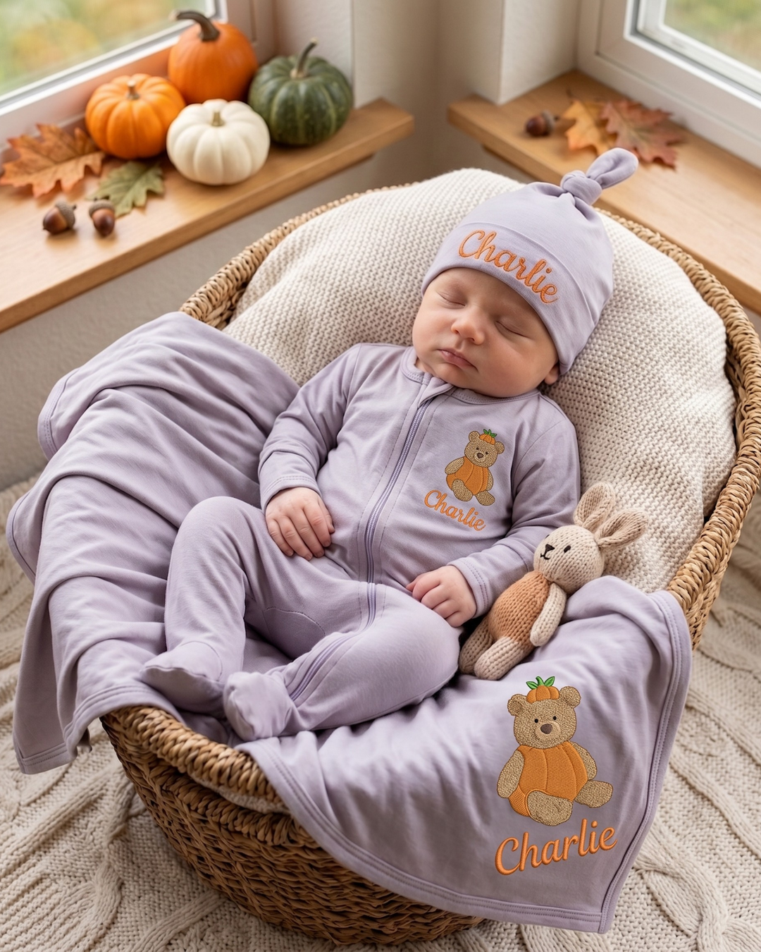 Personalized Pumpkin Teddy Embroidered Bamboo Welcome Home Bundle