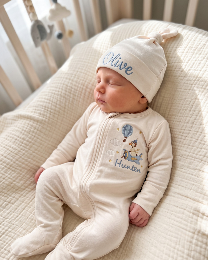 Custom Name Little Aviator Adventure Embroidered Bamboo Zipper Footie