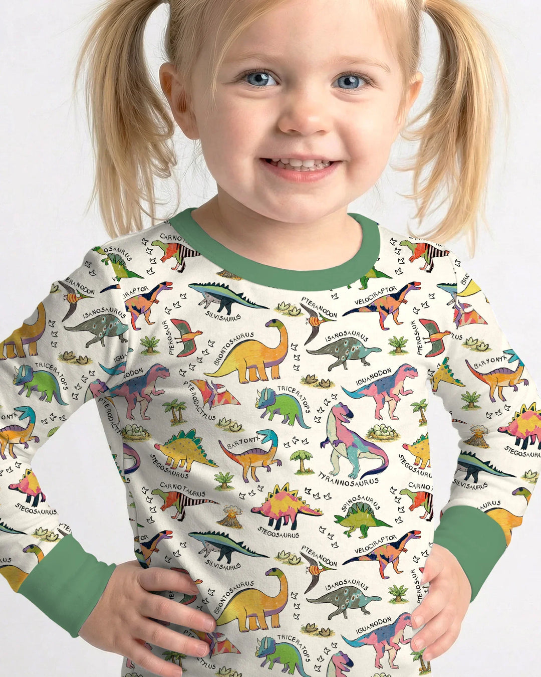 Conjunto de pijama de bambú de dos piezas de manga larga con estampados de dinosaurios