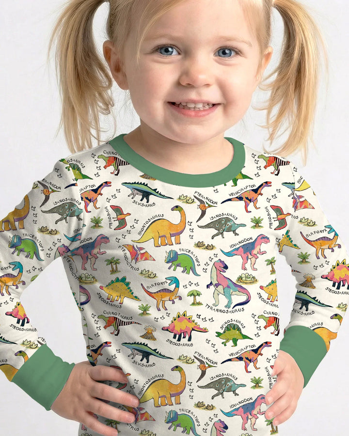 Conjunto de pijama de bambú de dos piezas de manga larga con estampados de dinosaurios