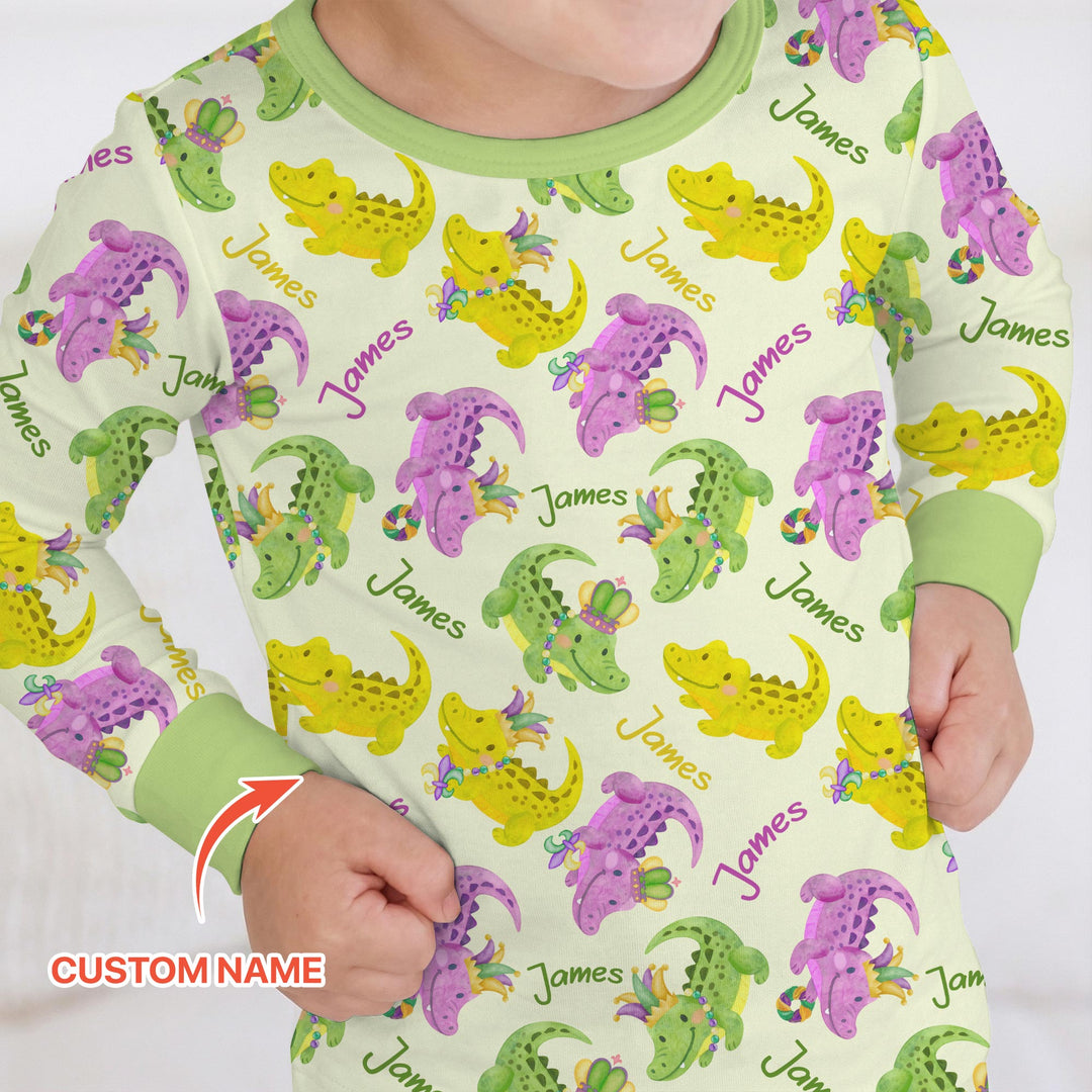 Custom Name Mardi Gras Alligator Two Piece Long Sleeve Pajama Set