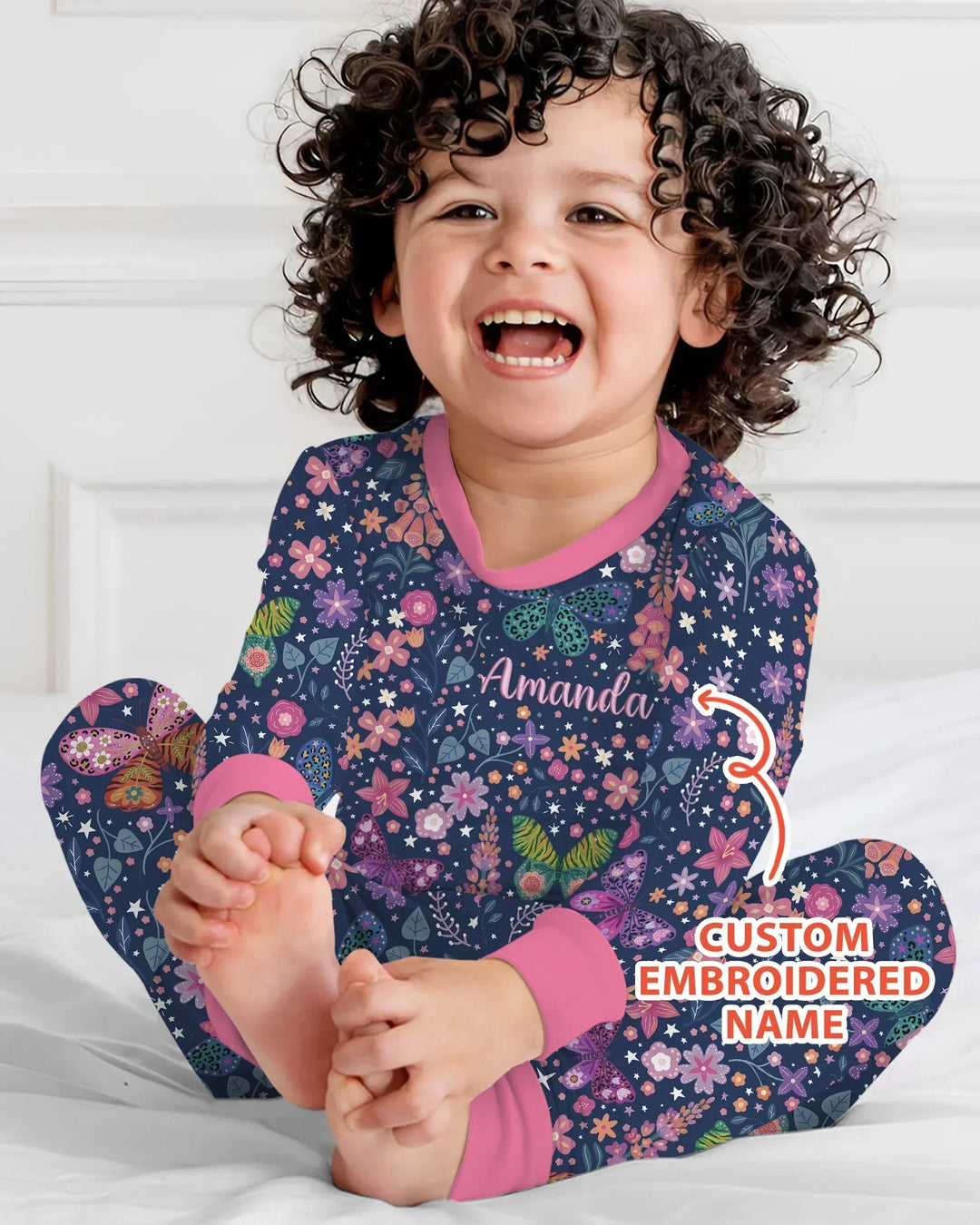 Custom Name Embroidered Colorful Butterfly Bamboo Two Piece Long Sleeve Pajama Set