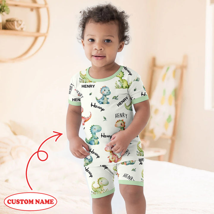 Dinosaur Custom Name Two Piece Short Sleeve Shorts Pajama Set