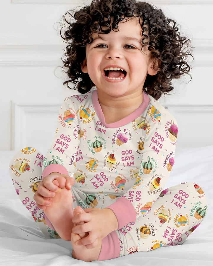 Cute Cupcake God Says I Am  Bamboo Two Piece Long Sleeve Pajama Set