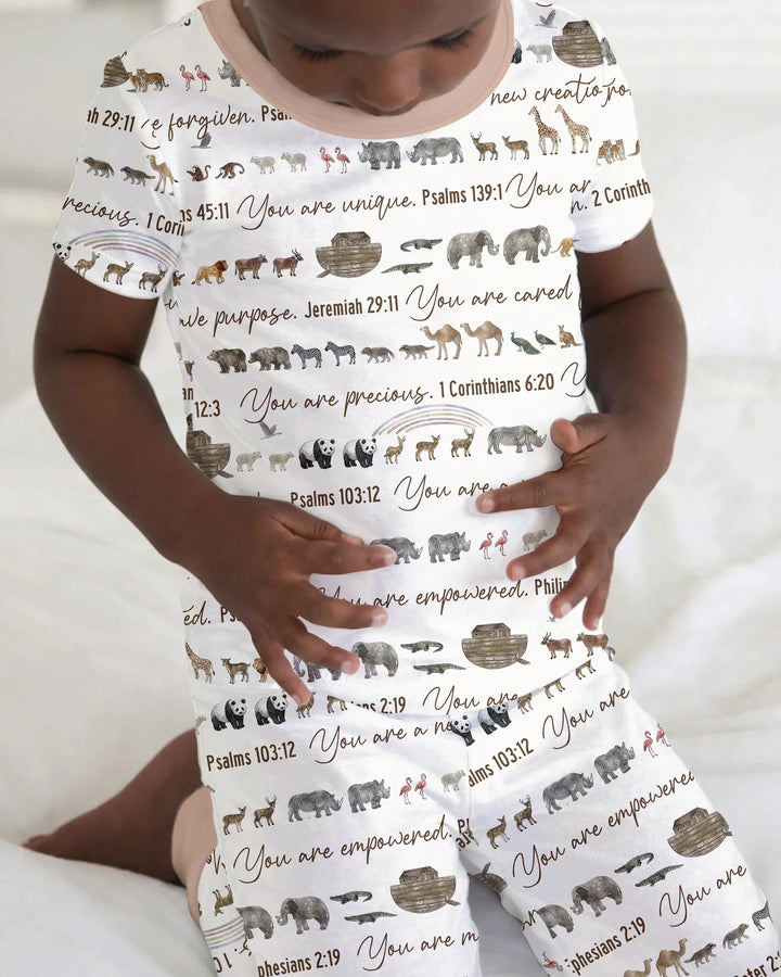 Conjunto de pijama de dos piezas de manga corta de bambú del Arca de Noé bíblica