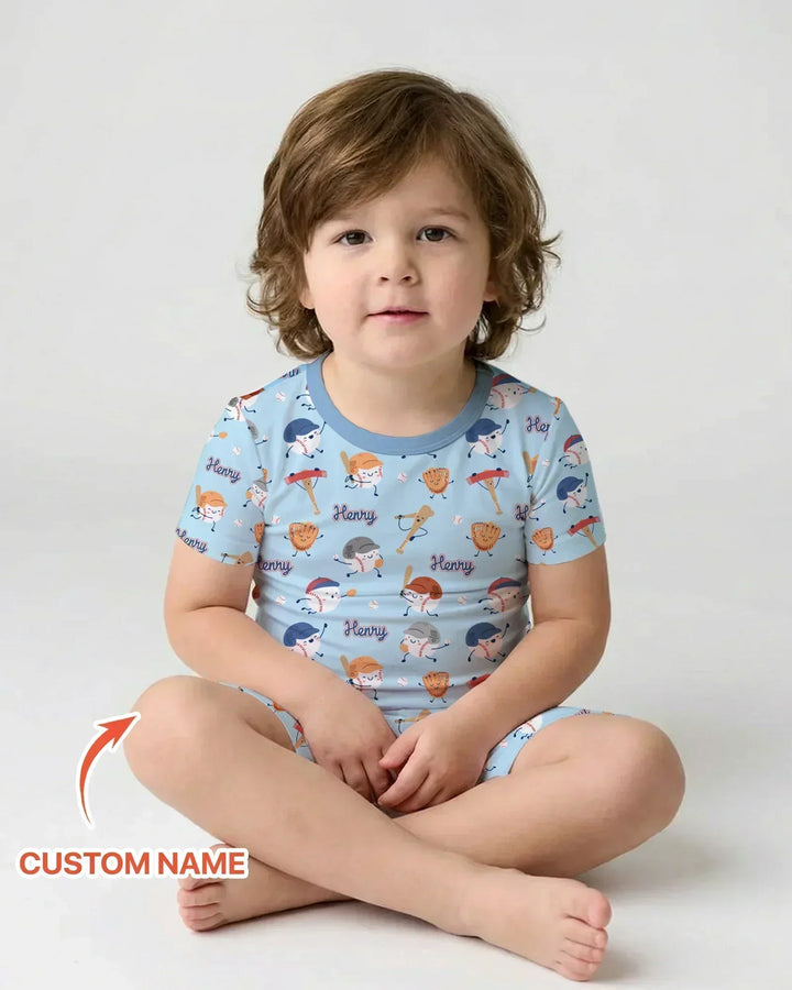 Custom Name Ballparl Family Matching Bamboo Two Piece Short Sleeve Shorts Pajama Set