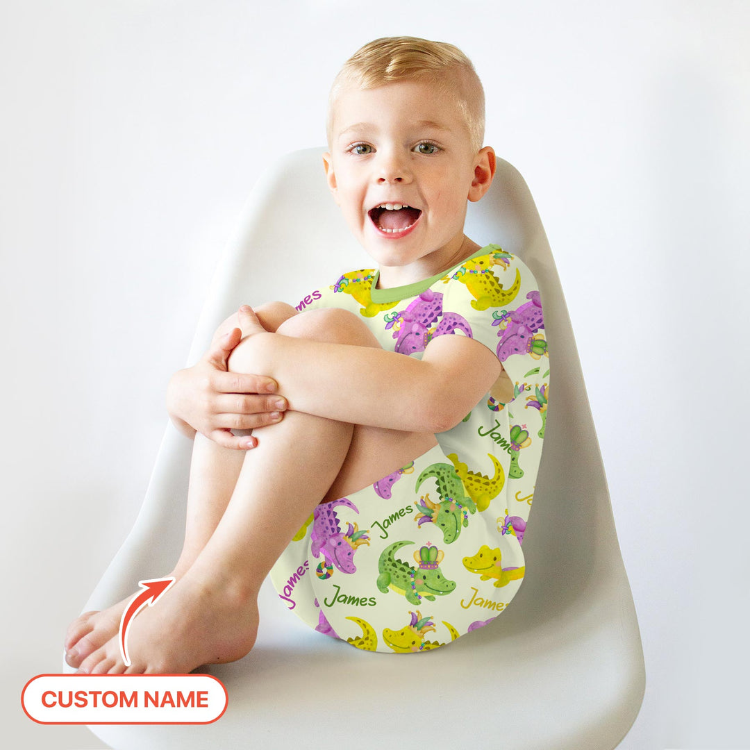 Custom Name Mardi Gras Alligator Two Piece Short Sleeve Shorts Pajama Set