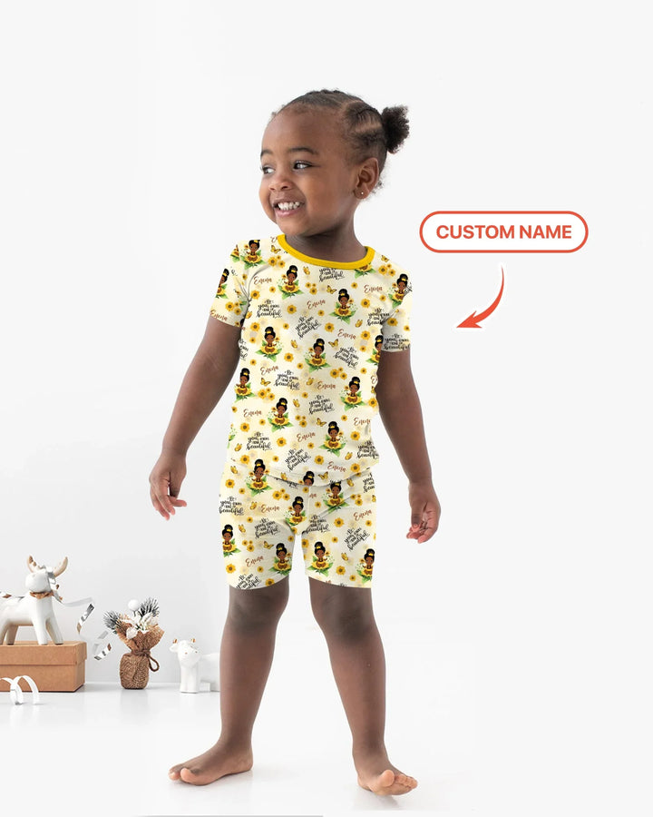 Custom Name Sunflower Queen Bamboo Two Piece Short Sleeve Shorts Pajama Set