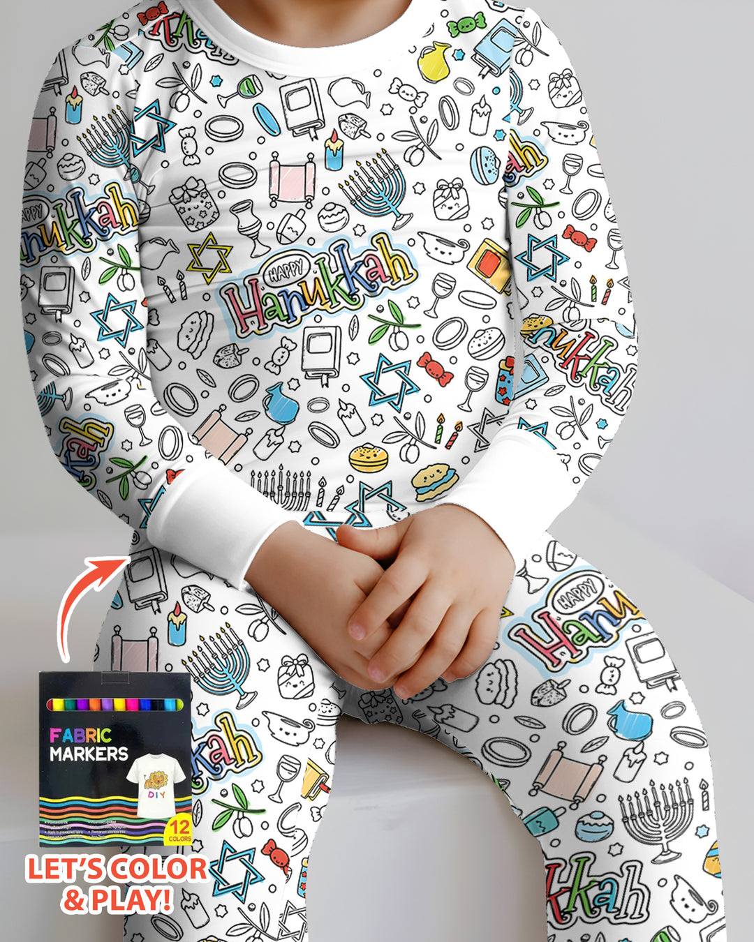 Happy Hanukkah Colorable Bamboo Two Piece Long Sleeve Pajama Set