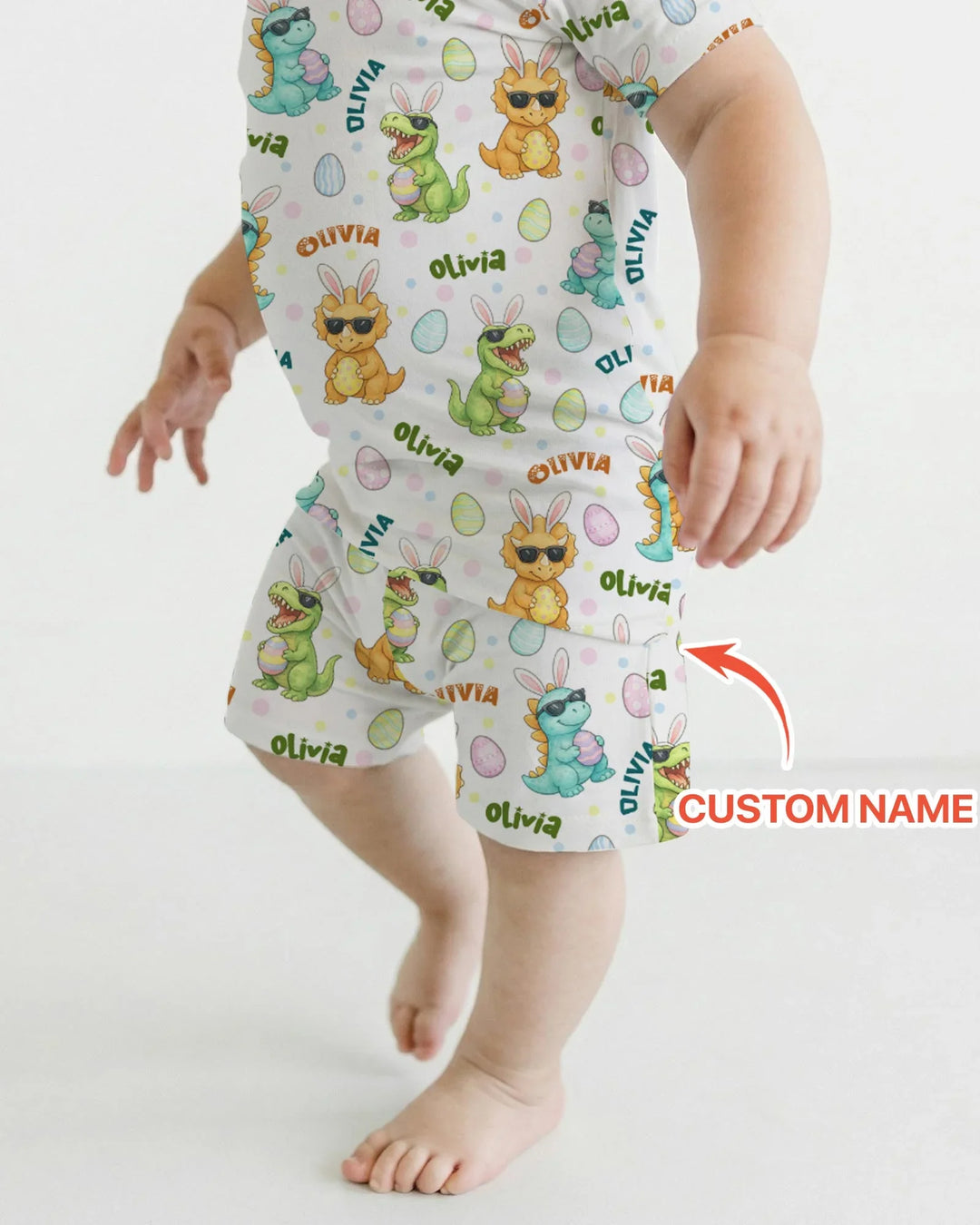 Custom Name Dinosaur on the Hunt Two Piece Short Sleeve Shorts Pajama Set
