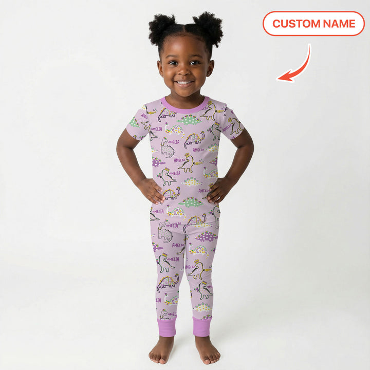 Custom Name Mardi Gras Saurus Two Piece Short Sleeve Pajama Set