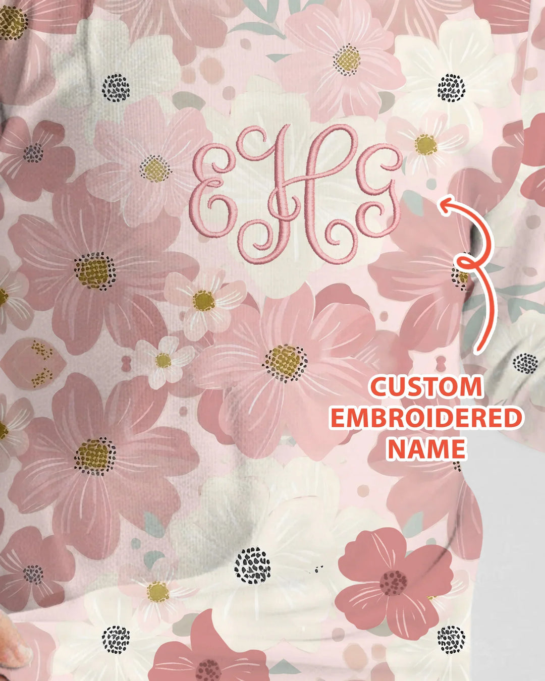 Pijama de dos piezas de manga larga de bambú floral con nombre bordado personalizado
