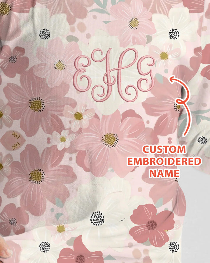 Pijama de dos piezas de manga larga de bambú floral con nombre bordado personalizado