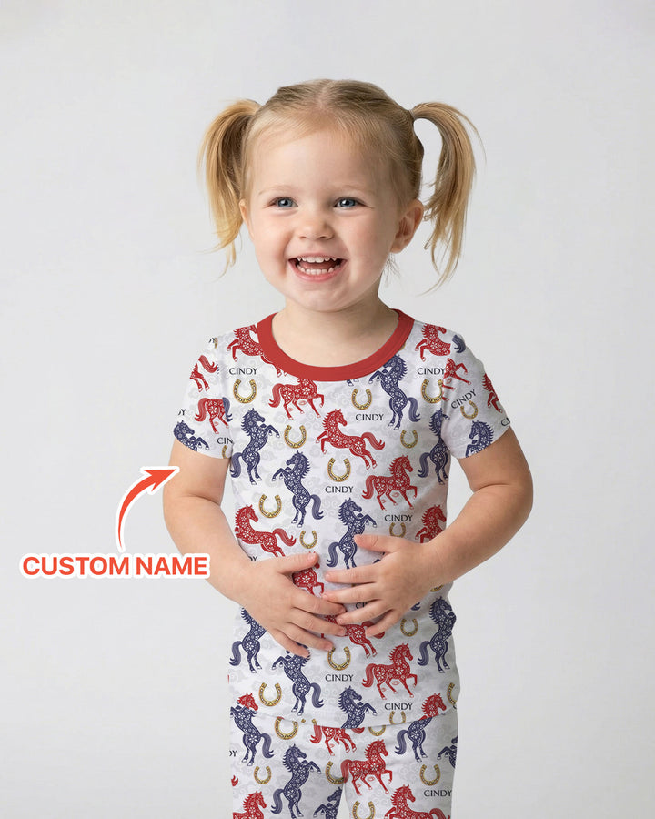 Custom Name Chinoiserie Horses Two Piece Short Sleeve Pajama Set