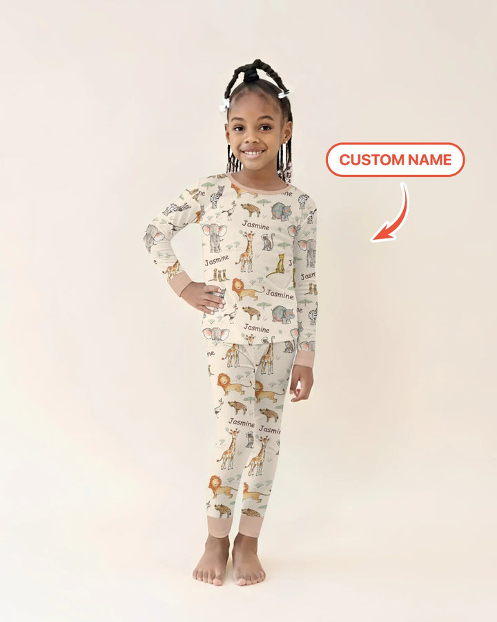 Safari Friends Custom Name Two Piece Long Sleeve Pajama Set