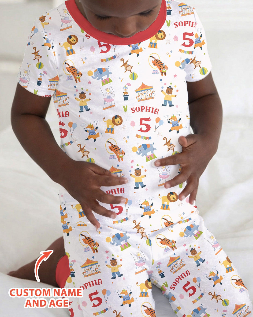 Custom Name Birthday Circus Bamboo Two Piece Short Sleeve Pajama Set