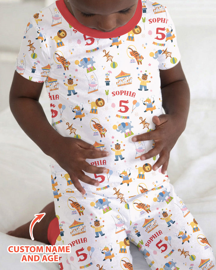 Custom Name Birthday Circus Bamboo Two Piece Short Sleeve Pajama Set