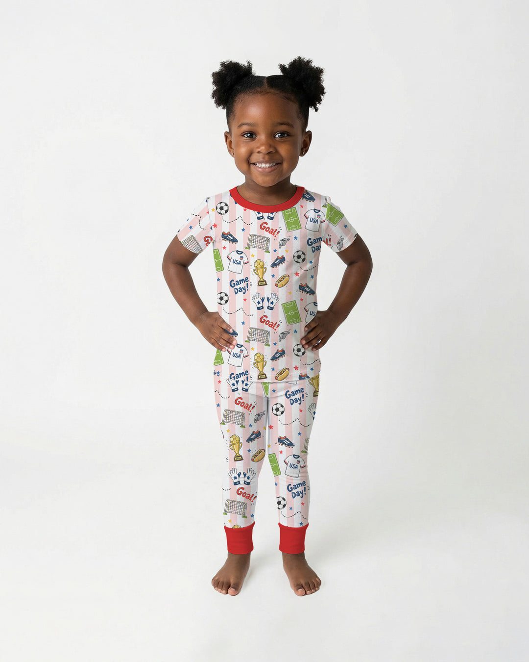 Striped Soccer Game Day Family Matching Bamboo Two Piece Short Sleeve Pajama Set