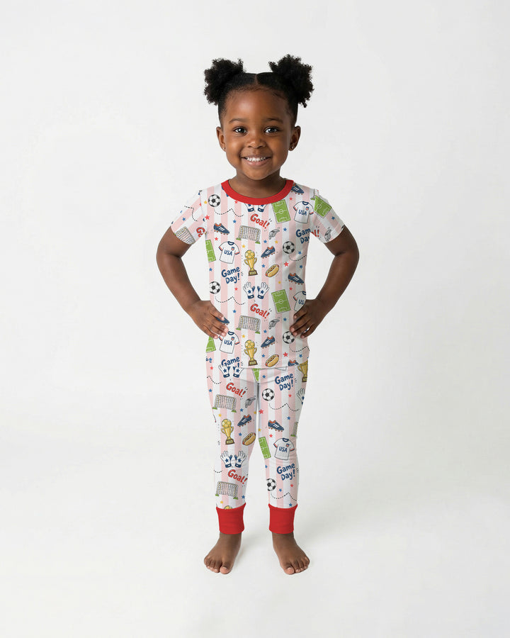 Striped Soccer Game Day Family Matching Bamboo Two Piece Short Sleeve Pajama Set