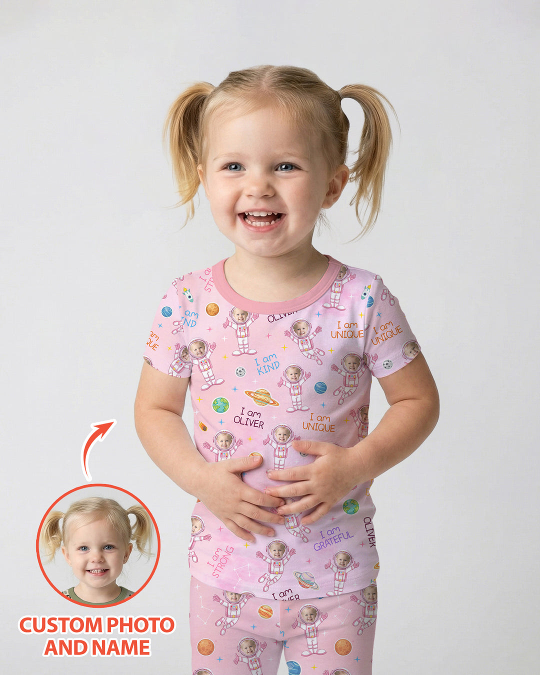 Custom Photo Kid Affirmations I Am Kind Astronaut Bamboo Two Piece Short Sleeve Shorts Pajama Set