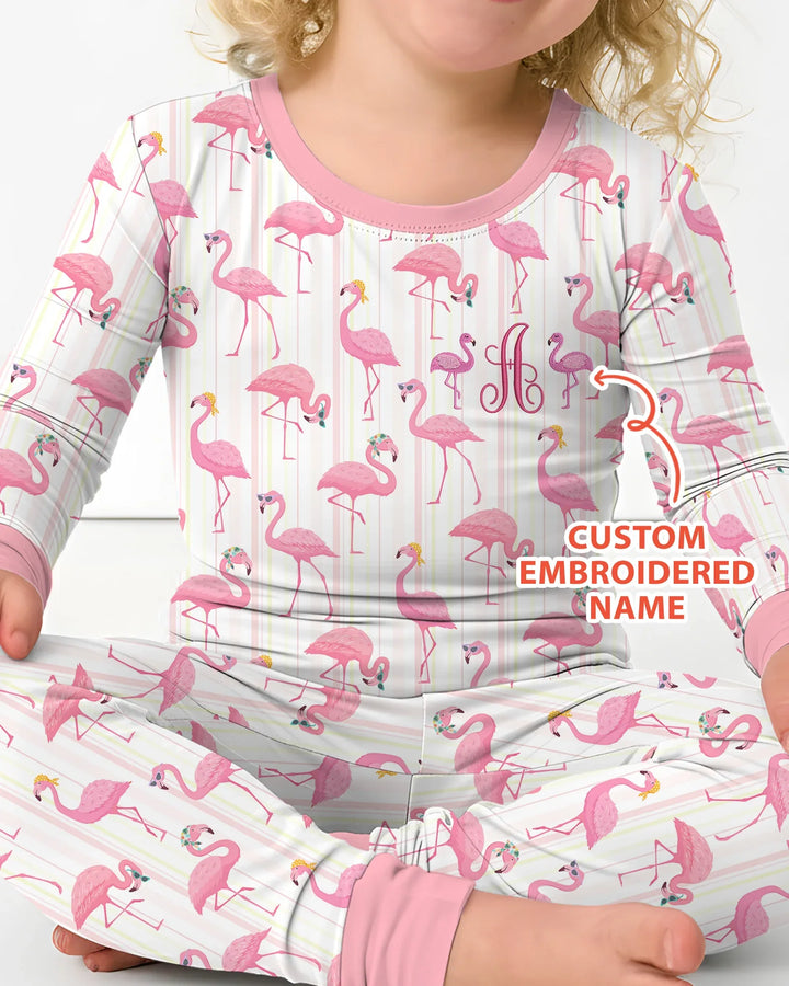 Custom Name Embroidered Flamingo Bamboo Two Piece Long Sleeve Pajama Set