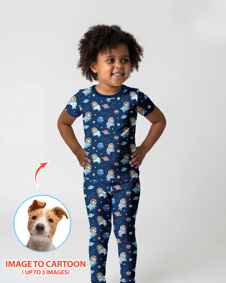 Astronaut Custom Pet Image Family Matching Bamboo Two Piece Short Sleeve Pajama Set