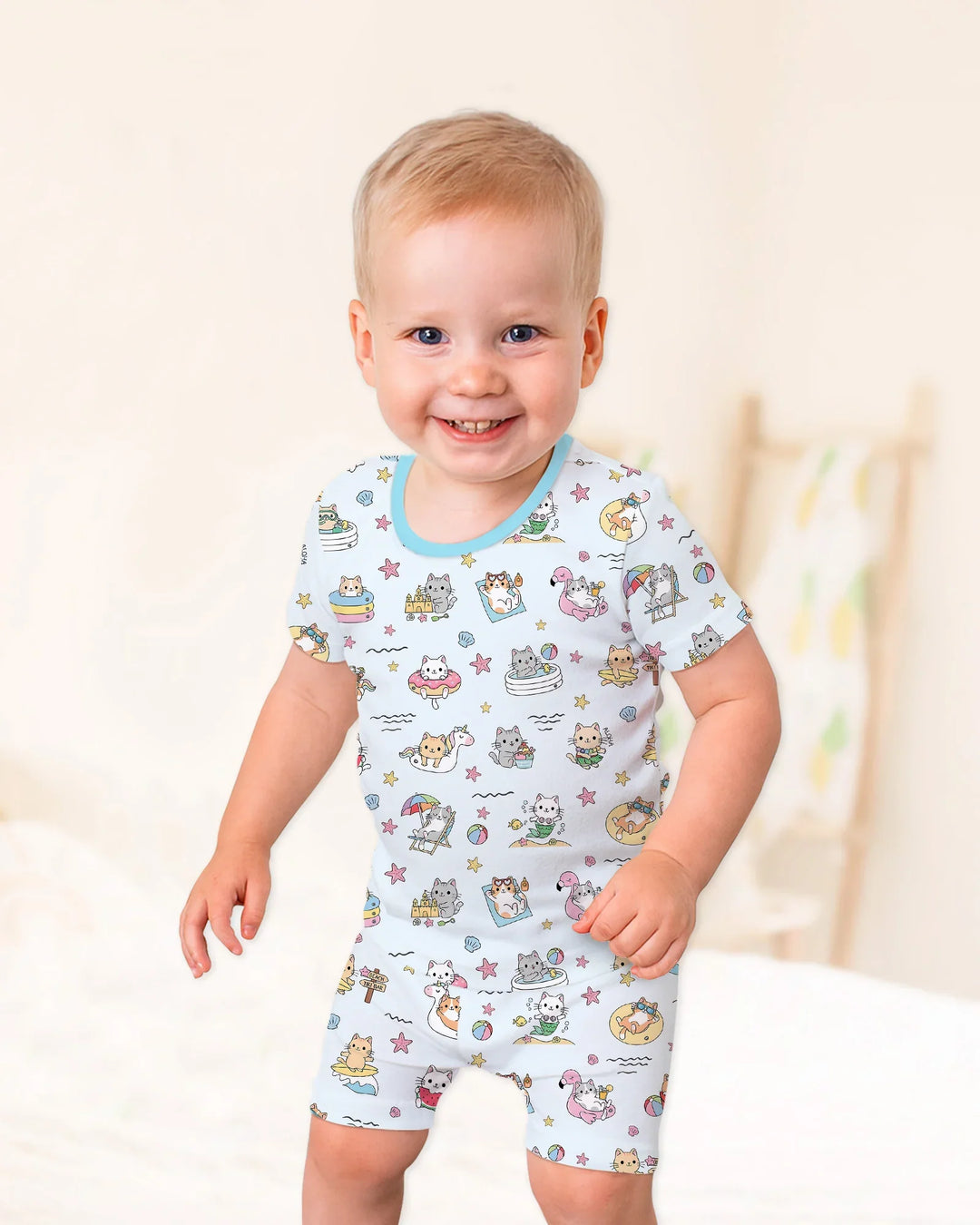 Kawaii Cats Summer Vacation Bamboo Two Piece Short Sleeve Shorts Pajama Set