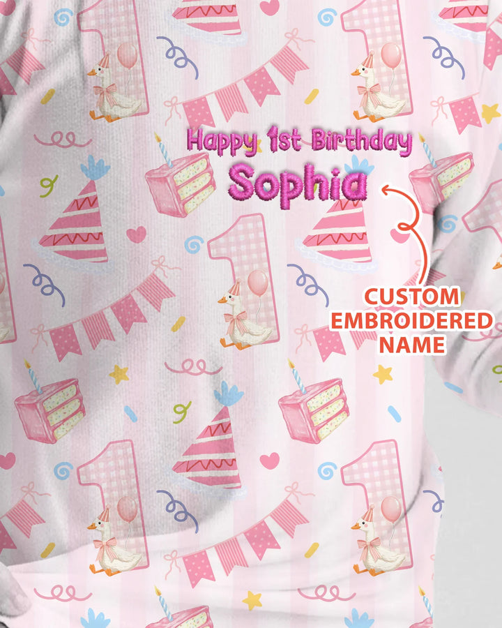 1st Birthday Girl Embroidered Baby Bamboo Two Piece Long Sleeve Pajama Set