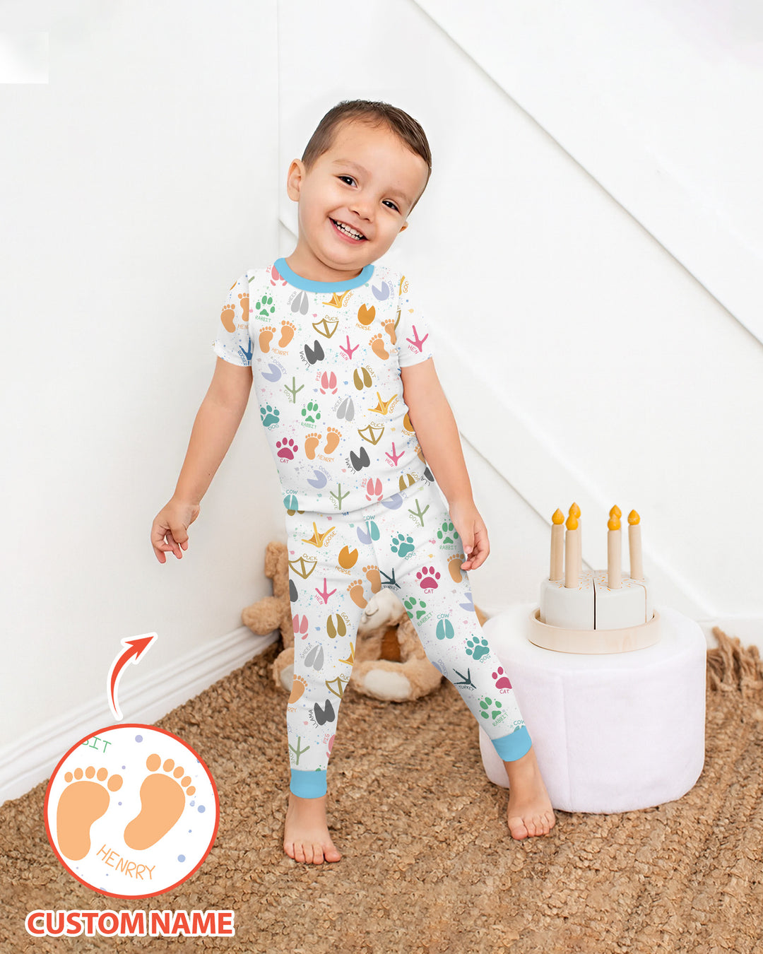Cute Farm Animal Tracks Custom Name Bamboo Two Piece Short Sleeve Pajama Set