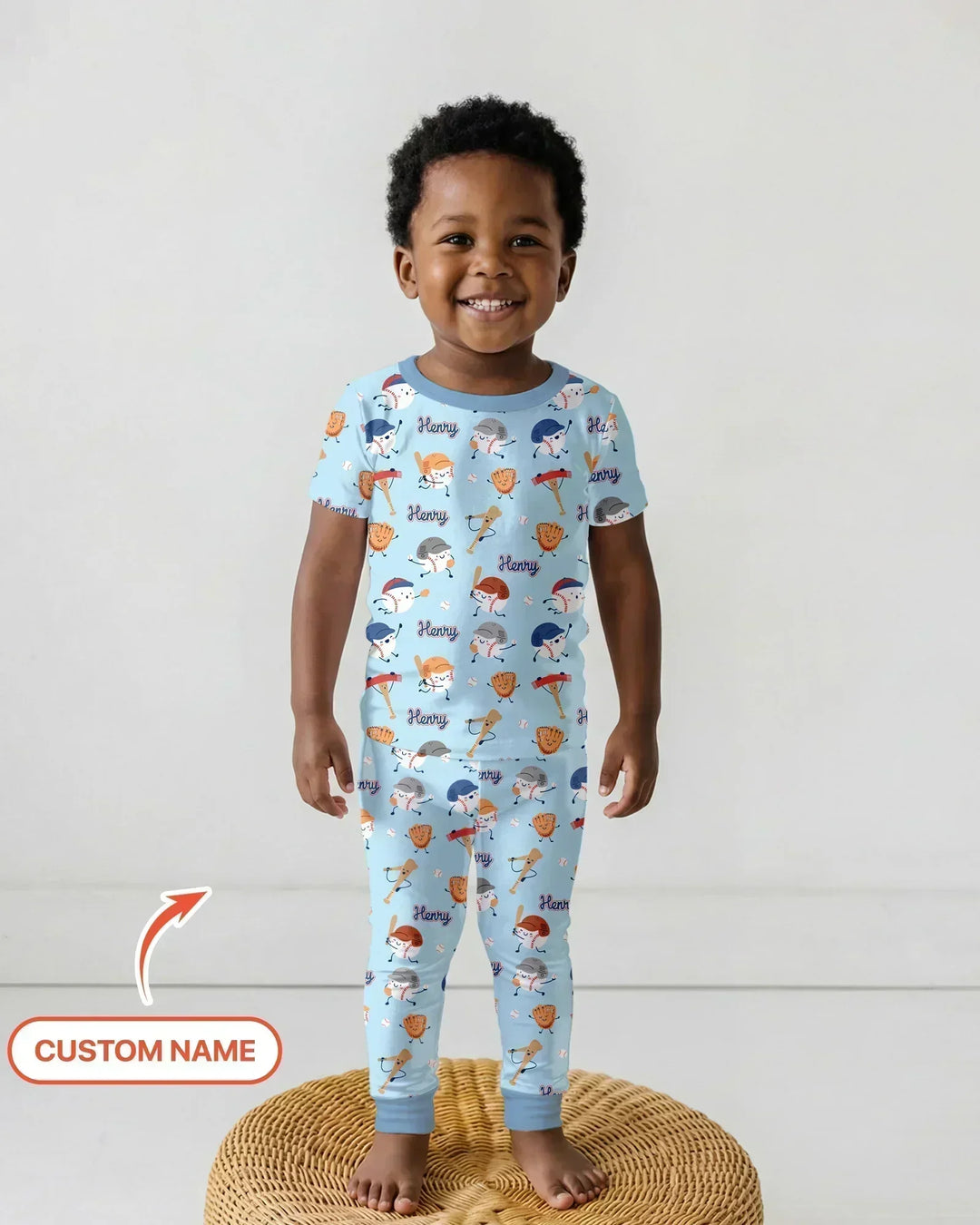 Custom Name Ballparl Family Matching Bamboo Two Piece Short Sleeve Pajama Set