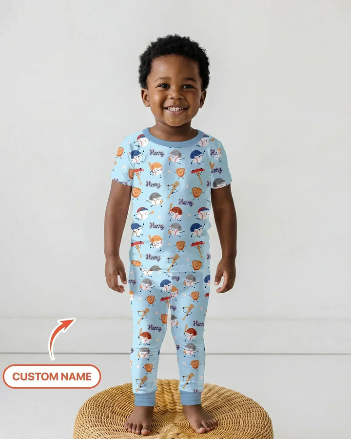 Custom Name Ballparl Family Matching Bamboo Two Piece Short Sleeve Pajama Set