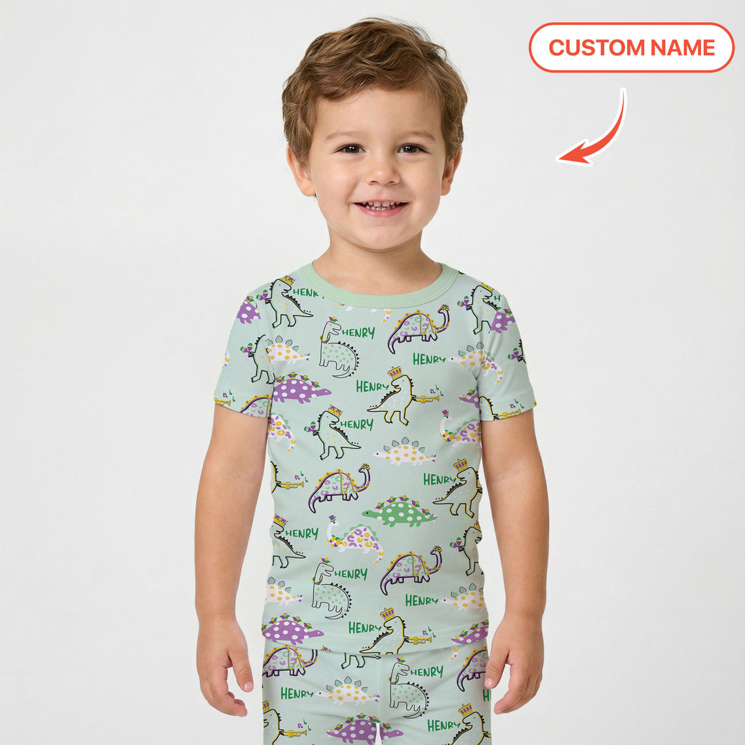 Custom Name Mardi Gras Saurus Two Piece Short Sleeve Pajama Set
