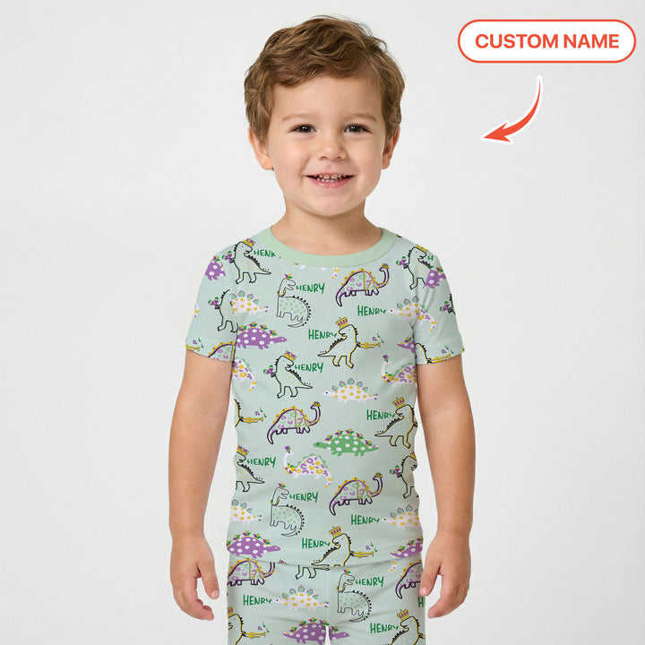 Custom Name Mardi Gras Saurus Two Piece Short Sleeve Pajama Set