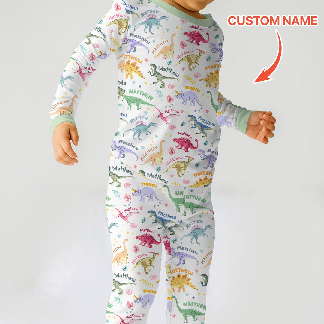 Dino Roar Custom Name Two Piece Long Sleeve Pajama Set