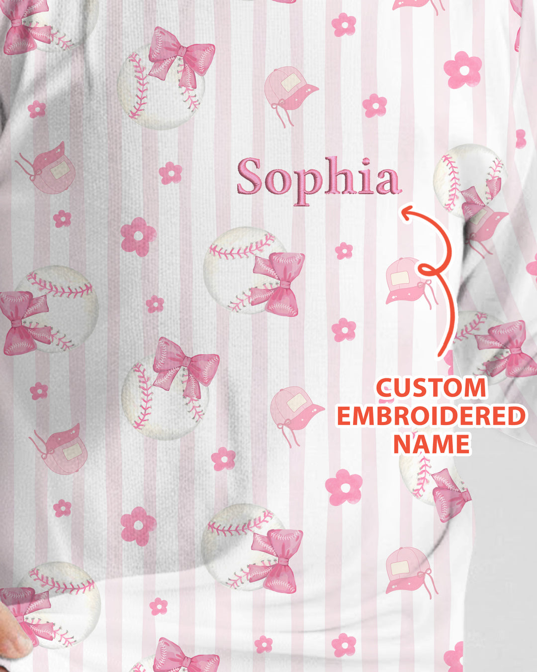 Custom Embroidered Name Baseball Girl Bamboo Two Piece Long Sleeve Pajama Set