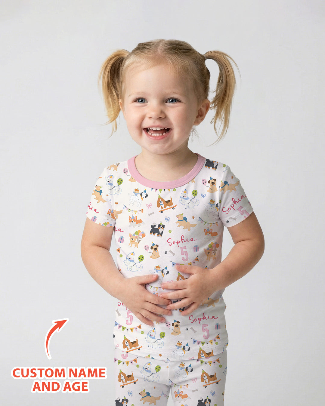 Custom Name Birthday Dogs Party Bamboo Two Piece Short Sleeve Pajama Set