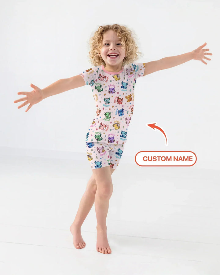 Custom Name Cute Hobby Axolotl Two Piece Short Sleeve Shorts Pajama Set