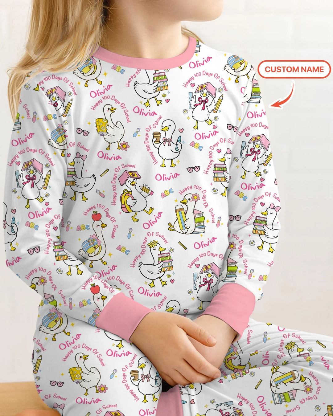 Custom Name Goose Happy 100 Days Of School Two Piece Long Sleeve Pajama Set
