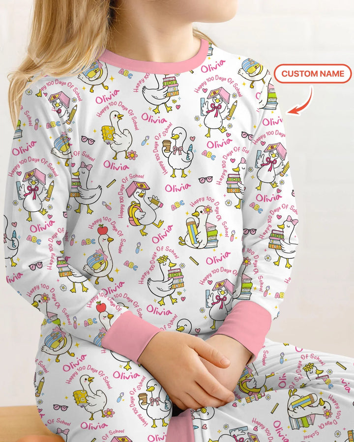 Custom Name Goose Happy 100 Days Of School Two Piece Long Sleeve Pajama Set