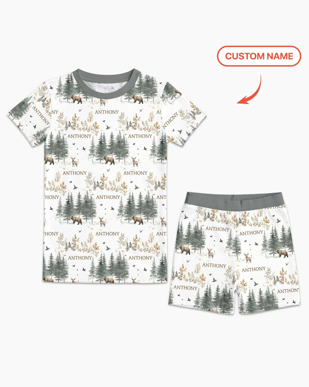 Conjunto de pijama de dos piezas con pantalones cortos y manga corta, oso de bosque, ciervo, bambú, nombre personalizado
