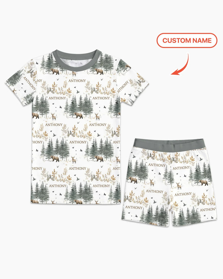 Conjunto de pijama de dos piezas con pantalones cortos y manga corta, oso de bosque, ciervo, bambú, nombre personalizado