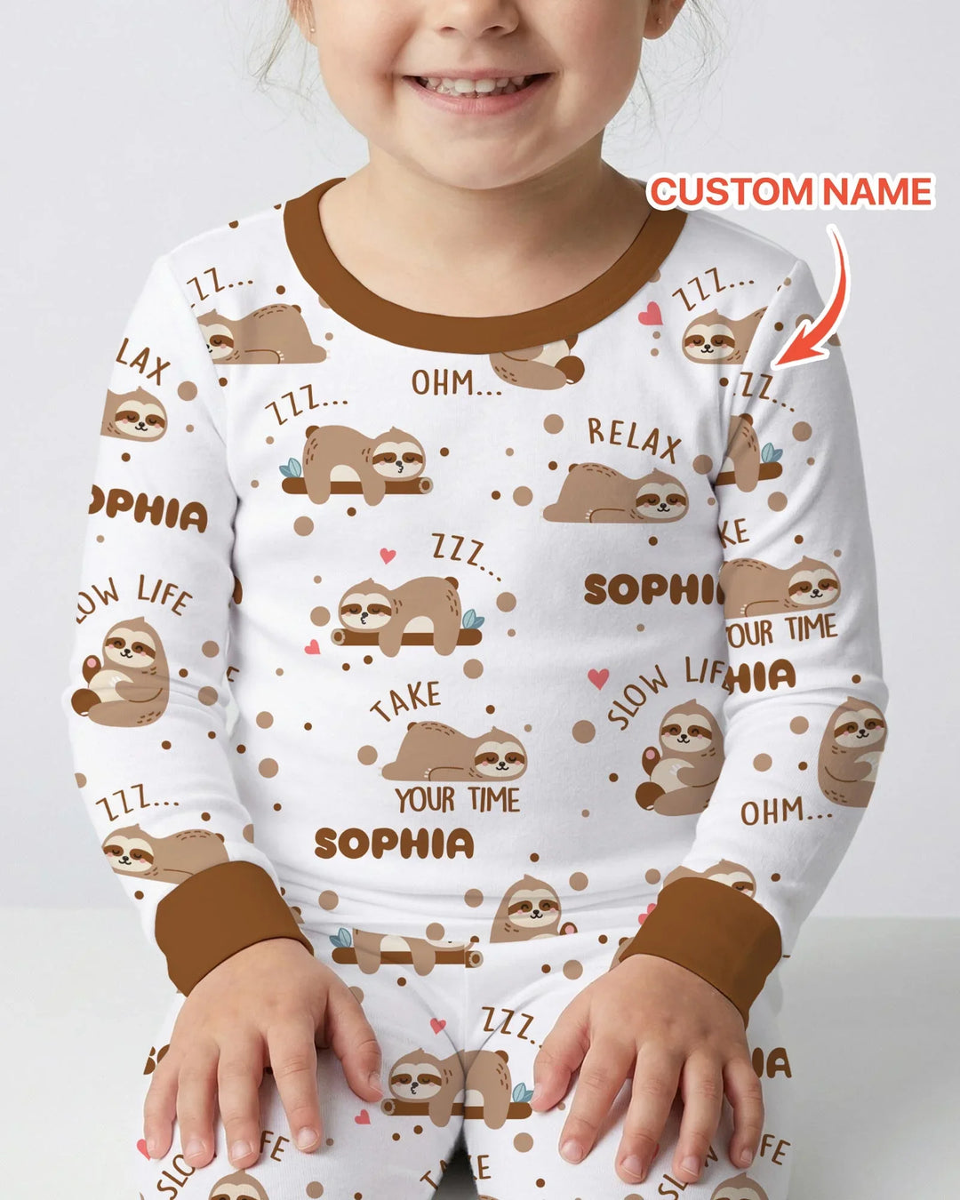 Custom Name Cute Sloth Two Piece Long Sleeve Pajama Set