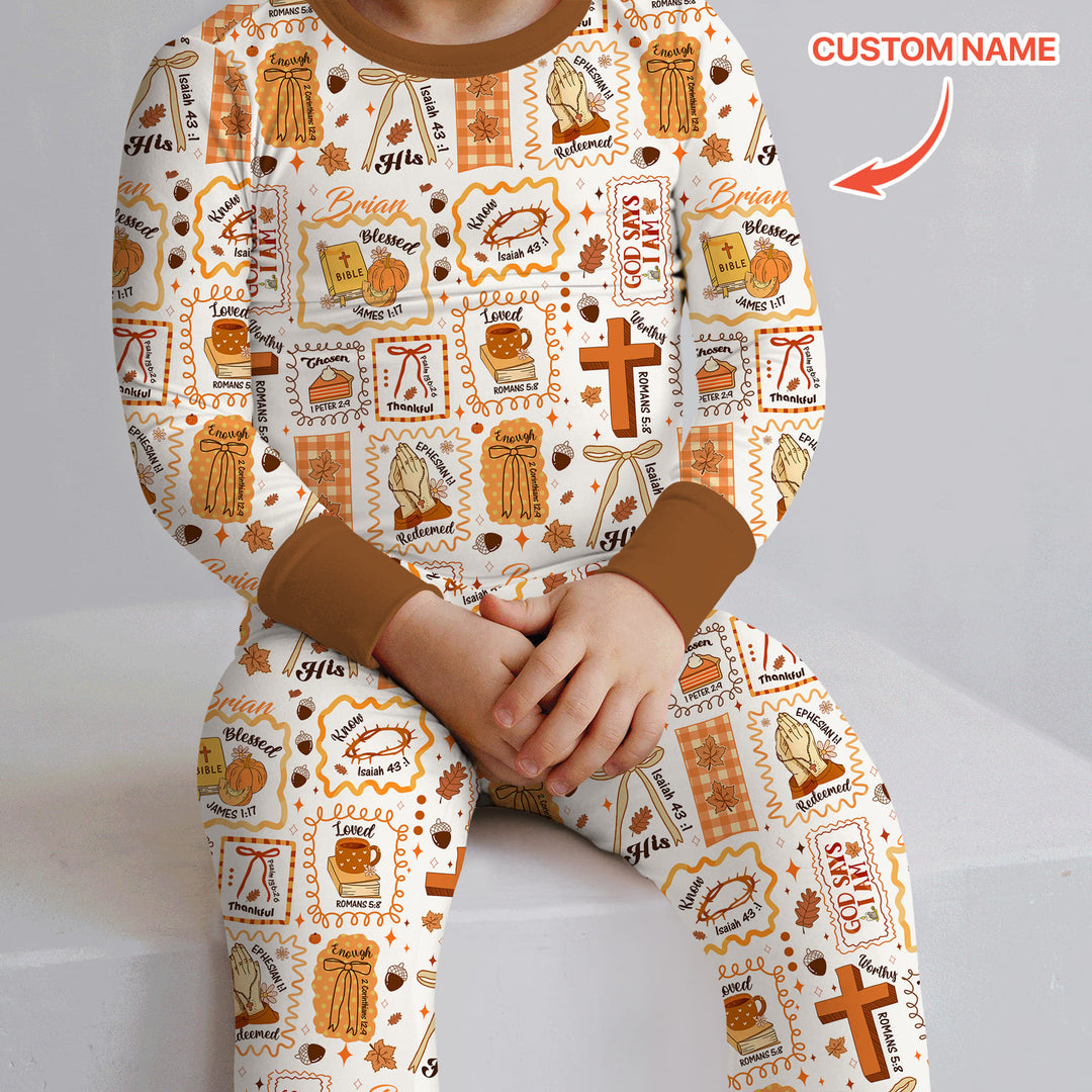 Custom Name I Am Thankful For Jesus Two Piece Long Sleeve Pajama Set , Custom Name I Am Thankful For Jesus Two Piece Long Sleeve Pajama Set - 12-18M
