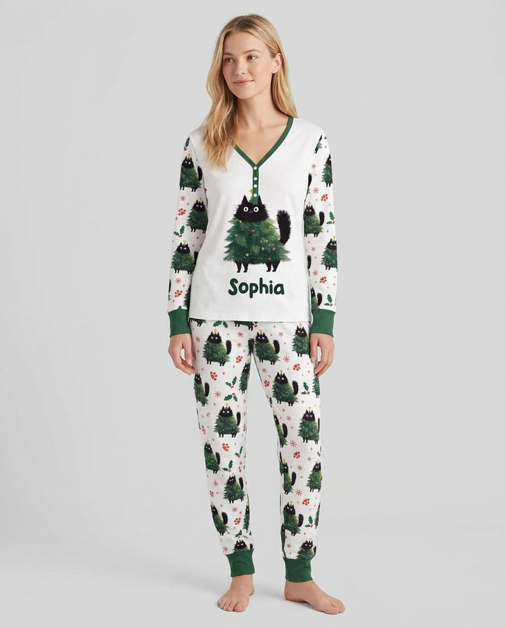Custom Name Black Cat Christmas Bamboo Women Pajama Set