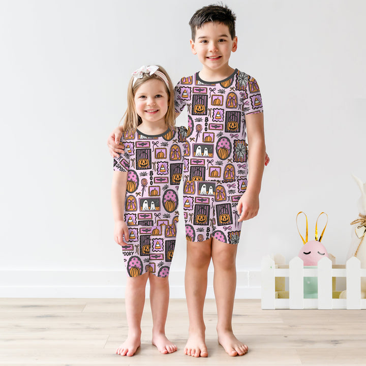 Spooky Frames Two Piece Short Sleeve Shorts Pajama Set For Halloween
