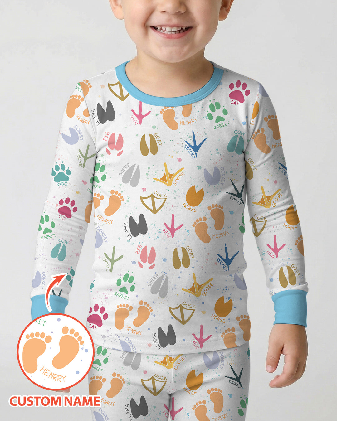 Cute Farm Animal Tracks Custom Name Bamboo Two Piece Long Sleeve Pajama Set