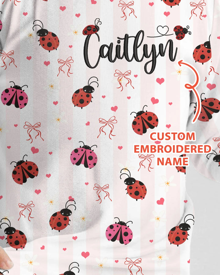 Custom Embroidered Name Ladybug Bamboo Two Piece Long Sleeve Pajama Set