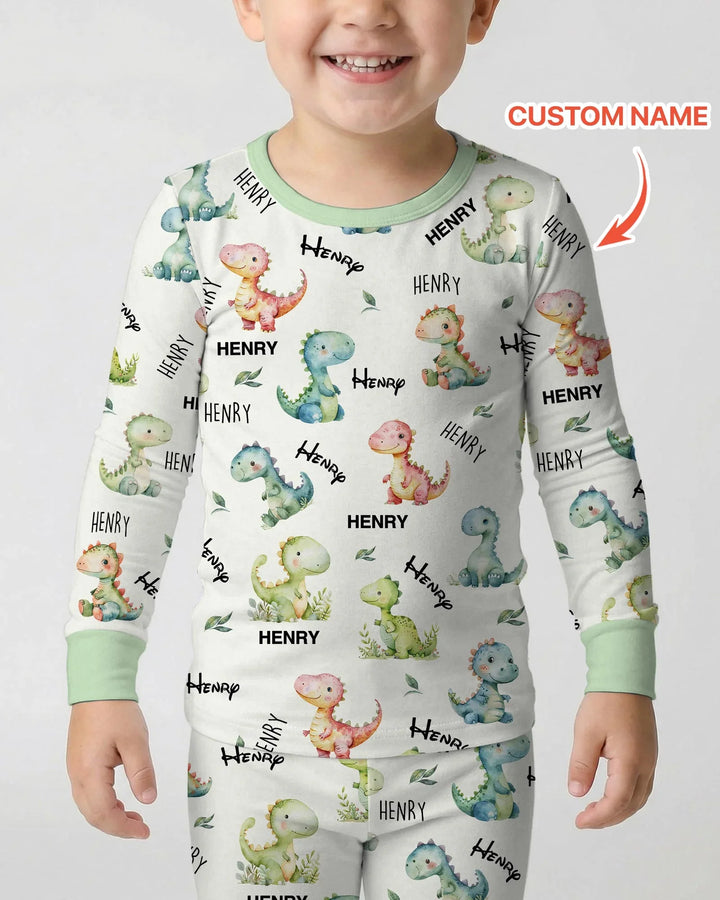 Dinosaur Custom Name Two Piece Long Sleeve Pajama Set