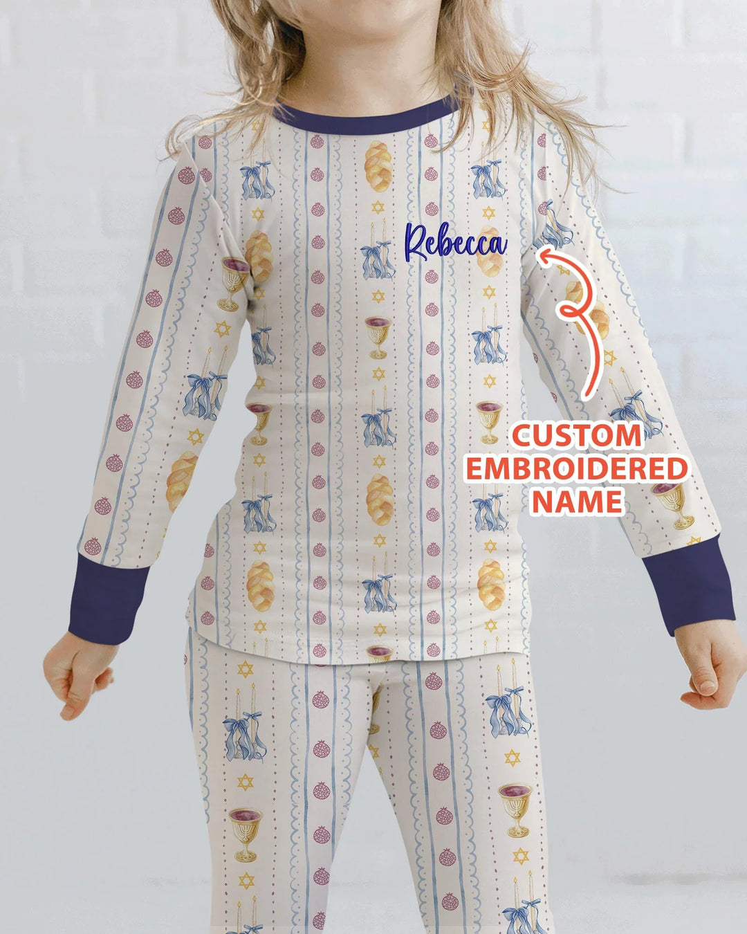 Custom Embroidered Name Shabbat Matching With Mom Bamboo Two Piece Long Sleeve Pajama Set